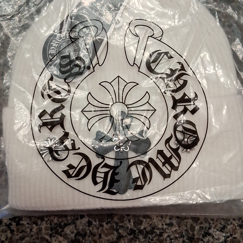 White Beanie with Black Gothic Print